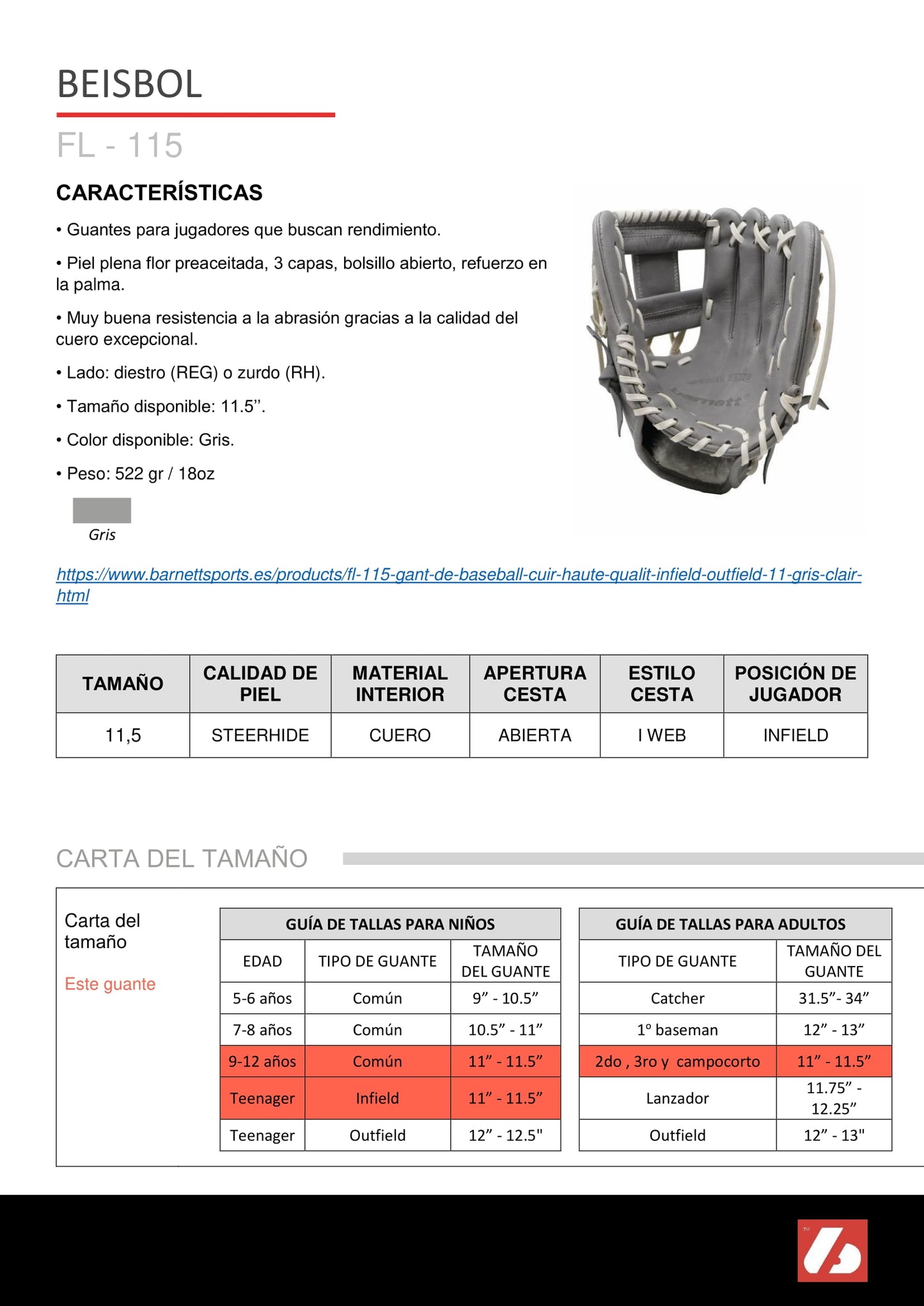 FL-115 guante de cuero de alta calidad infield/outfield 11 , gris claro