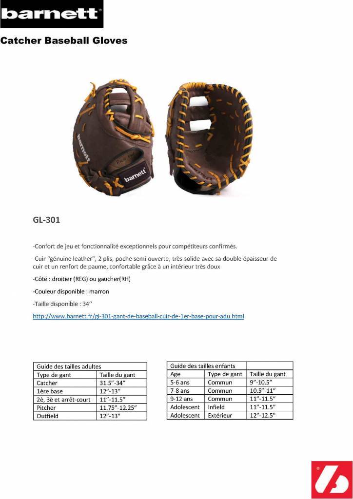 GL-301 Guante de béisbol para competición,cuero, de 1° base, adulto 31, marrón