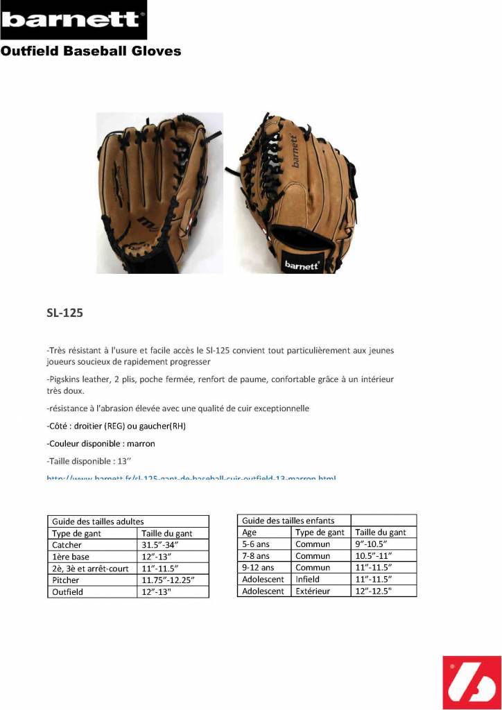 SL-125 Guante de béisbol, cuero, outfield 12.5, marrón